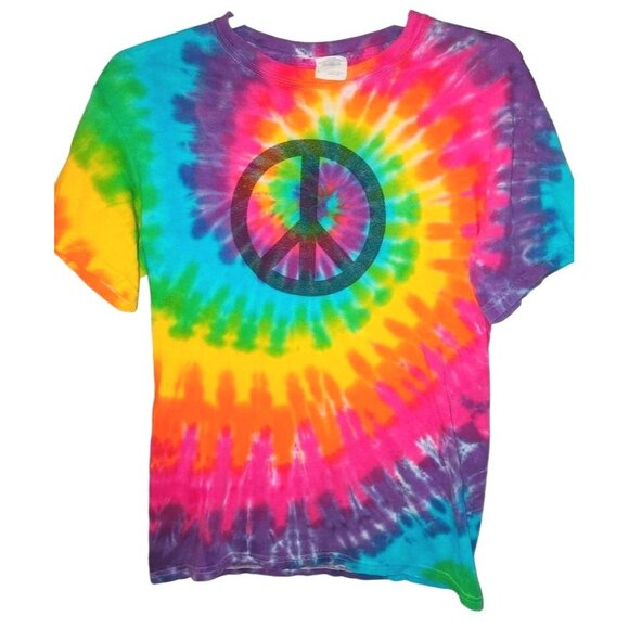 Gildan Heavy Cotton Tie-Dye Peace Sign T-Shirt S - Picture 1 of 9